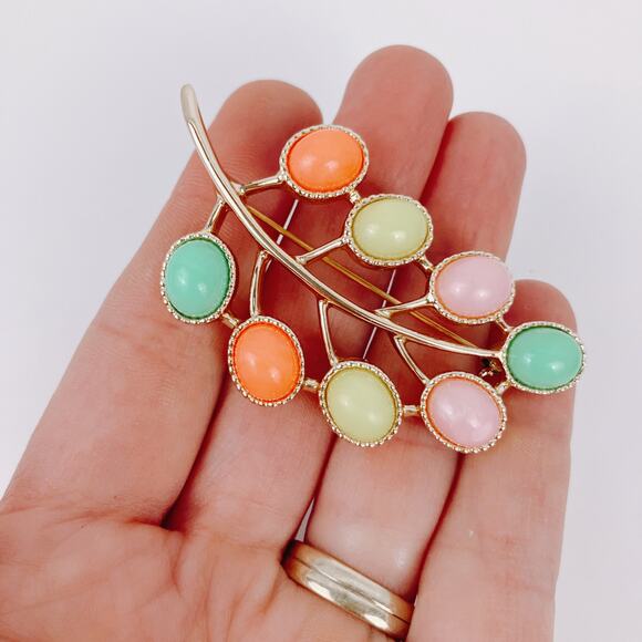 VTG Signed Sarah Coventry Leaf Brooch Pastel Cabochon 1960s Colorful Whimsical - Picture 2 of 11